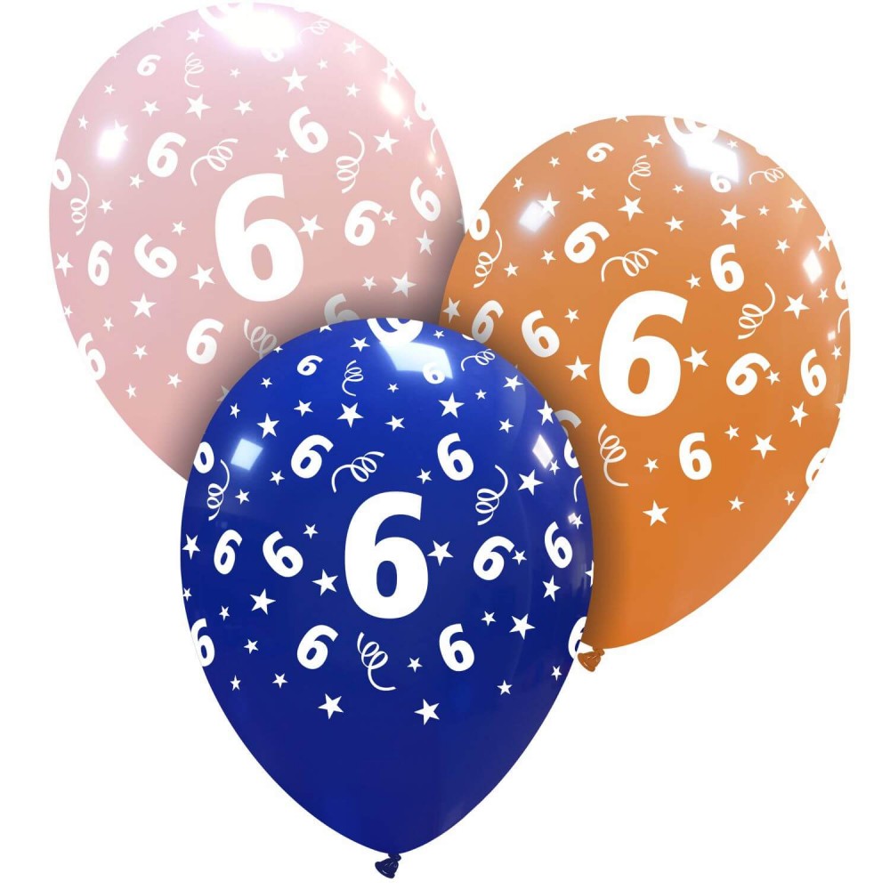Cattex 12" Assorted Colors "6" Number Print Latex Balloons – (Pack of 20)