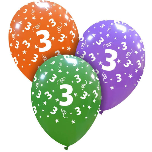Cattex 12" Assorted Colors "3" Number Print Latex Balloons – (Pack of 20)