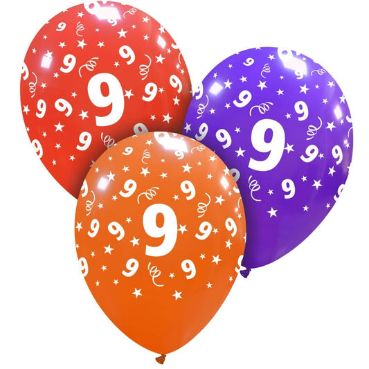Cattex 12" Assorted Colors "9" Number Print Latex Balloons – (Pack of 20)
